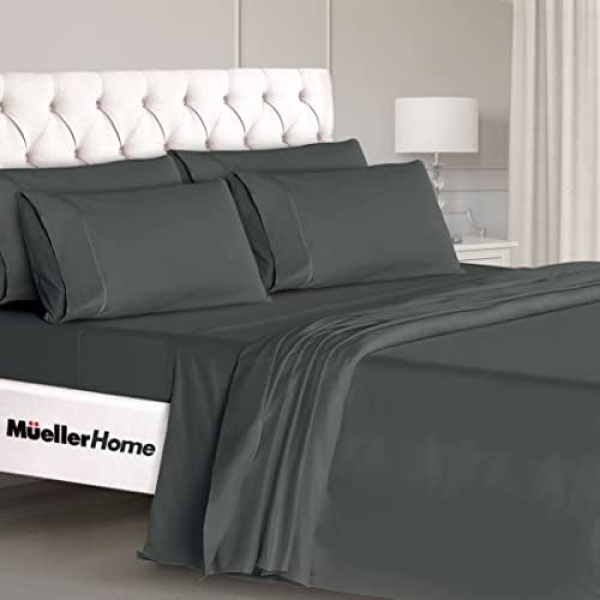 Mueller Ultratemp Bed Sheets Set, Super Soft 1800, 18-24 Inch Deep Pocket Sheets, Transfers Heat, Breathes Better, Hypoallergenic, Wrinkle, 6Pc, Dark Grey, Full Size