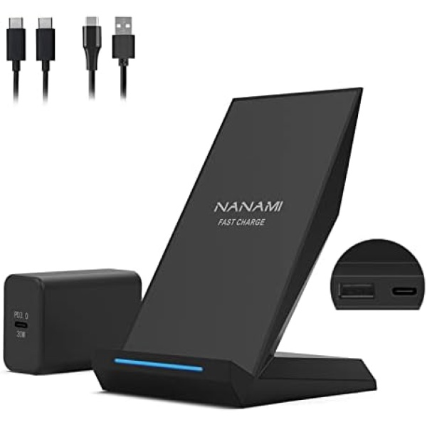 NANAMI 30W Max Wireless Charger, Qi Certified Fast Charging Stand With USB-A Port,Compatible iPhone 14/13/12/11 Pro/XS Max/XR, Galaxy S23/S22/S21/S20/S10/S9,Note 20/10/9(with PD Adapter Phone Charger)