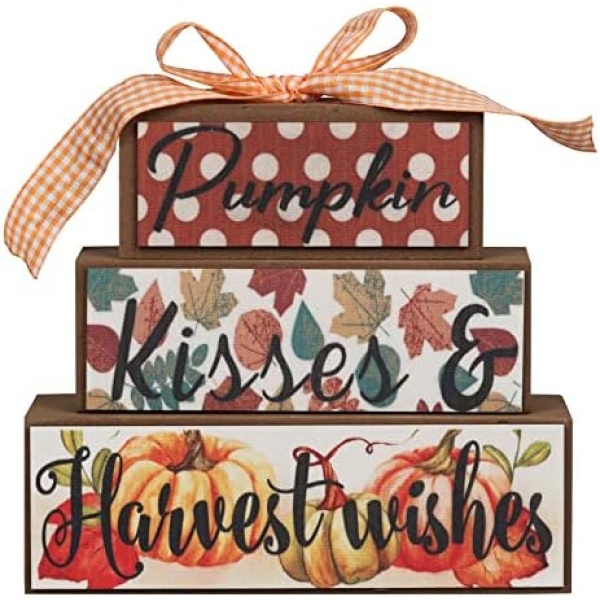 NEEDOMO Fall Decorations for Home, 3-Layered Wooden Pumpkin Sign Block Set with Harvest Wishes Fall Decor, Colorful Table Centerpiece for Tiered Tray, Living Room, Mantle, Thanksgiving Decor