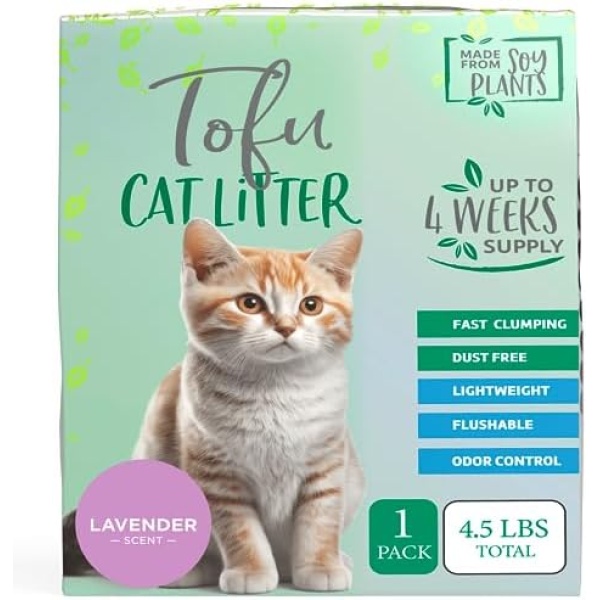 Natural Paw Tofu Cat Litter Pellets | Flushable, Lightweight, No Tracking, Dust-Free, Clumping, Odor Absorbent | Natural Cat Litter for Adult Cats Kittens | 1 Pack Refill Bag Lavender (4.5lb)
