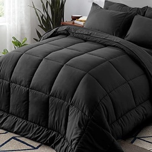 Newspin Full Bed in a Bag - 7 Pieces Black Comforter Set, Lightweight All Season Ultra Soft Bedding Comforter Set with Comforter, Flat Sheet, Fitted Sheet, Pillowcases & Shams