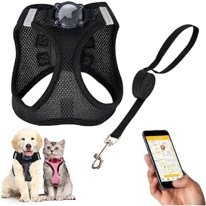 No Pull Dog Harness with AirTag Holder-Escape Proof Cat Harness and Leash Set,Step in Dog Vest for Boy or Gril,Keep Your Small Dogs,Cats,Kittens or Puppies Safe and Secure on Walking,Traveling-Black