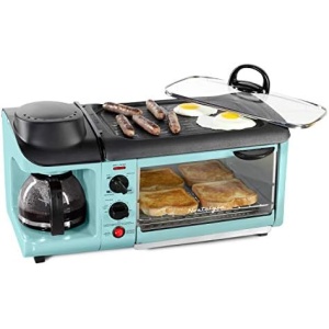 Nostalgia 3-in-1 Breakfast Station - Includes Coffee Maker, Non-Stick Griddle, and 4-Slice Toaster Oven - Versatile Breakfast Maker with Timer - Aqua