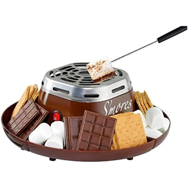 Nostalgia Tabletop Indoor Electric S'mores Maker - Smores Kit With Marshmallow Roasting Sticks and 4 Trays for Graham Crackers, Chocolate, and Marshmallows - Movie Night Supplies - Brown