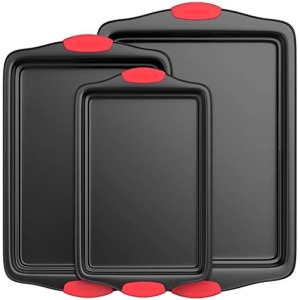 NutriChef Non-Stick Kitchen Oven Baking Pans-Deluxe & Stylish Nonstick Gray Coating Inside & Outside, Commercial Grade Restaurant Quality Metal Bakeware with Red Silicone Handles NCSBS3S, 3 Piece Set