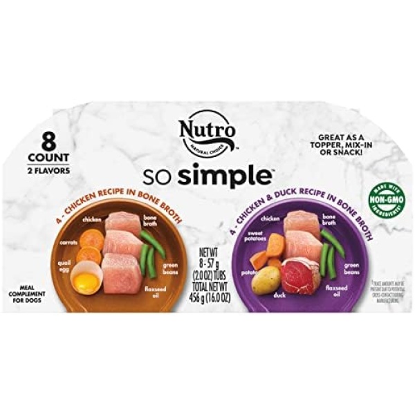 Nutro So Simple Meal Complement Wet Dog Food Chicken and Chicken & Duck Recipes in Bone Broth 8-Count Variety Pack, 2 oz. Tubs