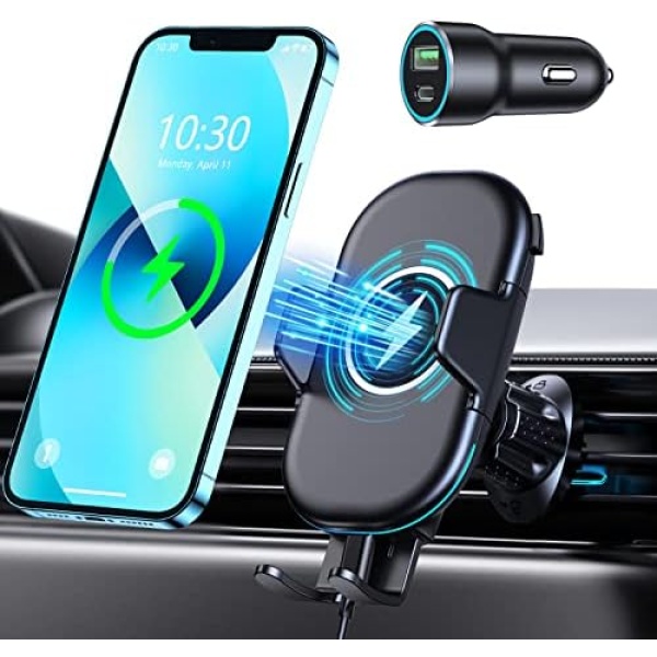 OBRFFE Wireless Car Charger Mount [QC 3.0 Car Charger Included], Max 15W Qi Fast Charging Phone Mount for Car Air Vent Compatible with iPhone 14 13 12 11 Pro Max/XR/XS/X, Galaxy Note 20/S23/S22, etc