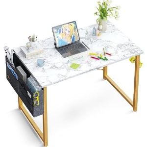 ODK 32 inch Small Computer Desk Study Table for Small Spaces Home Office Student Laptop PC Writing Desks with Storage Bag Headphone Hook, White Marble + Gold Leg
