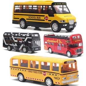OTONOPI Bus Toys Die Cast Metal Toy Cars Pull Back School Bus Double Decker London Vehicles Friction Powered City Sightseeing Tour Bus Play Vehicle Toy Set for Kids 4 Pack