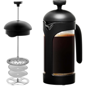 OVENTE 12 Ounce French Press Coffee, Tea and Espresso Maker, Heat Resistant Borosilicate Glass with 4 Filter Stainless-Steel System, BPA-Free Portable Pitcher Perfect for Hot & Cold Brew, Black FPB12B