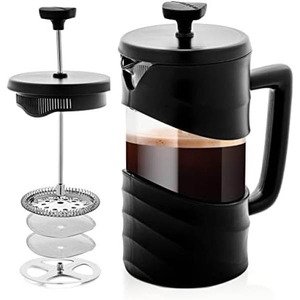 OVENTE 20 Ounce French Press Coffee, Tea and Espresso Maker, Heat Resistant Borosilicate Glass with 4 Filter Stainless-Steel System, BPA-Free Portable Pitcher Perfect for Hot & Cold Brew, Black FPW20B