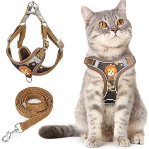Otunrues Cat Harness and Leash Set for Walking Escape Proof, Easy-to-WEAR Adjustable Cat Harness with Reflective Strap - Comfort Fit for Kitten Cat and Small Dogs （Brown，XL）