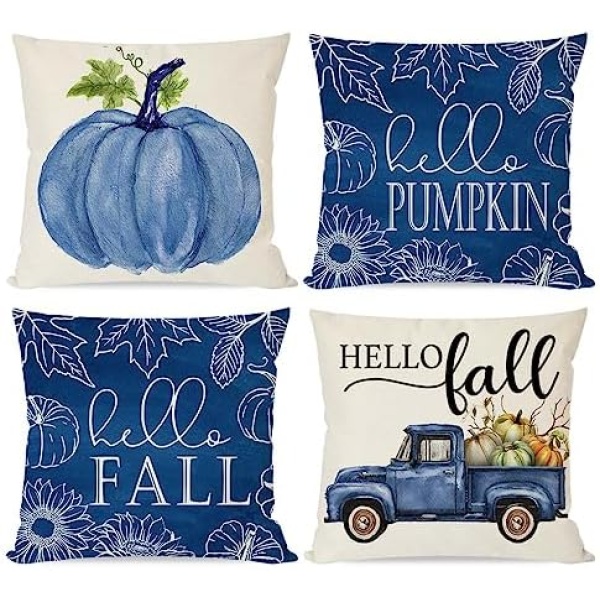 PANDICORN Blue Fall Pillow Covers 18x18 Set of 4 Hello Pumpkin Truck Leaves Outdoor Fall Decor Fall Pillows Decorative Throw Pillows Cases Farmhouse Autumn Thanksgiving Cushion Covers Bedroom Sofa