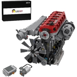 PANW RB30-V4-3.0L Inline Six-Cylinder Four-Stroke Gasoline Engine Model Building Blocks Toy Set with Motor, MOC V4 Engine Model Kit Construction Toy, Compatible with Lego, 1985PCS