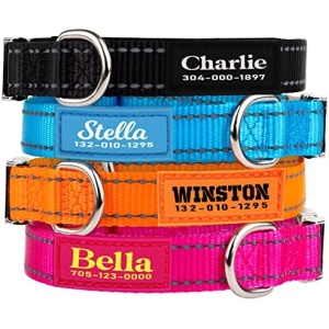 PAWBLEFY Personalized Dog Collars - Reflective Nylon Collar Customized with Name and Phone Number - Adjustable Sizes for Small Dogs, Medium, and Large - 4 Colors for Male Female boy Girl Puppies