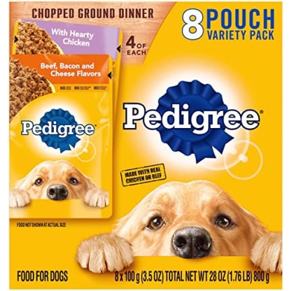 PEDIGREE CHOPPED GROUND DINNER Adult Soft Wet Dog Food 8-Count Variety Pack, 3.5 oz Pouches (Pack of 2)