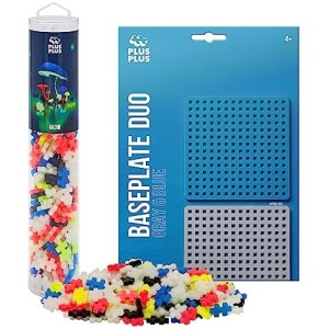 PLUS PLUS - Glow in The Dark 240 Piece Tube & Gray/Blue Baseplate Duo - Construction Building Stem/Steam Toy, Interlocking Mini Puzzle Blocks for Kids