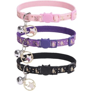 PUPTECK 3 Pack Cat Collar with Bells Breakaway - Luminous Safety Small Kitten Collar Adjustable Moon Star Pink Black Purple