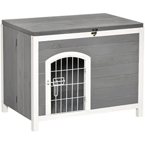 PawHut Foldable Wooden Dog House Raised Puppy Cage Kennel Cat Shelter for Indoor & Outdoor w/Lockable Door Openable Roof Removable Bottom for Small and Medium Pets Grey