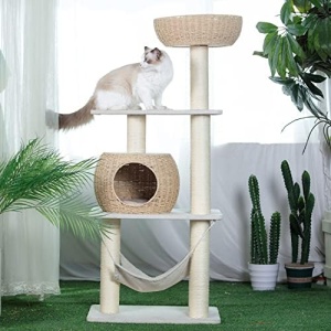 Pawlabay Wood Cat Tree for Indoor Cats,Tall Cat Tree Tower with Cat Scratching Post and Cat Hammock,Wood Cat Tower for Indoor Cats,52.4 Inch Tall