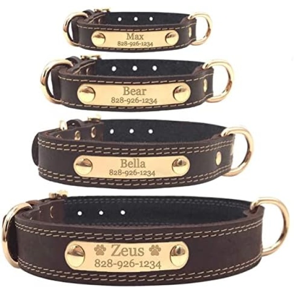Personalized Dog Collar - Engraved Soft Leather - Custom Small Medium or Large Size with Name Plate (Large, Brown)