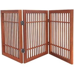 Pet Dog Gate for Doorways Strong and Durable Freestanding Folding Acacia Wood Hardwood Portable Wooden Fence Indoors or Outdoors by Urnporium (Brown Pet Gate, 3 Panel 24" Tall)