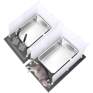 Pinkunn 2 Set Extra Large Stainless Steel Litter Box for Cats Include Metal Cat Litter Scoop Cat Litter Mat Splash Guard High Sided Odor Control Litter Pan Non Stick Rust Proof (Gray, 5.9 Inch)