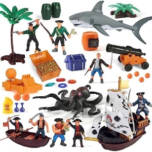 Pirate Action Figures Playset with Boat, Treasure Chest, Cannons, Shark, Pirate Ship Toys-Pirate Toy, 50 PCS Kids Pretend Adventure Set Figures, Birthday Gifts for Age 2 3 4 5 6 Year Old Boys Girls