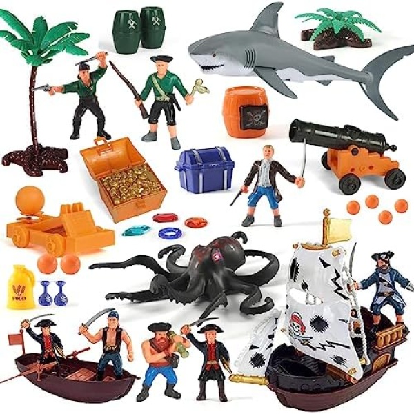 Pirate Action Figures Playset with Boat, Treasure Chest, Cannons, Shark, Pirate Ship Toys-Pirate Toy, 50 PCS Kids Pretend Adventure Set Figures, Birthday Gifts for Age 2 3 4 5 6 Year Old Boys Girls