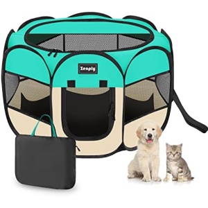 Portable Pet Dog Playpen, Pet Playpen Foldable Extra Heavy Duty Pop Up No Assembly Kennel Tent Crate Indoor Outdoor with Shade Ventilation Mesh for Small Dog, Kitten, Cat, Rabbit (Turquoise)