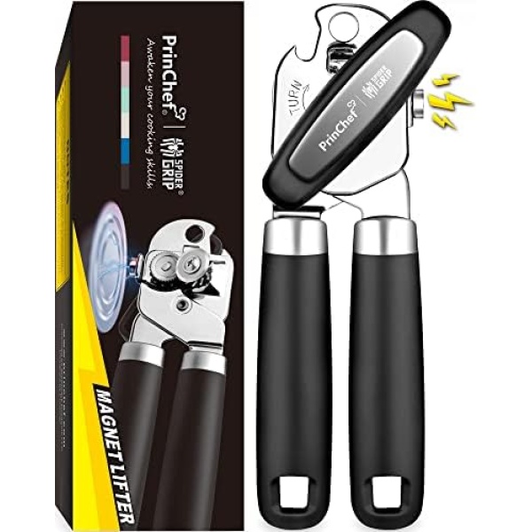 PrinChef Can Opener Manual, Can Openers with Magnet, No-Trouble-Lid-Lift, Handheld Can Opener Smooth Edge with Sharp Blade | Can Openers with Large Effort-Saving Handles, Easy Grip & Heavy Duty, Black