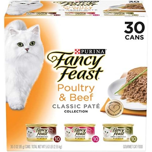 Purina Fancy Feast Grain Free Pate Wet Cat Food Variety Pack, Poultry & Beef Collection - (30) 3 Oz. Cans