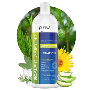 Puriya Tea Tree Clarifying Shampoo. Plant Rich Dry Itchy Scalp Relief, for Kids, Adults, Sulfate Free, No Harsh Chemicals Seen in Dandruff Treatment, Seborrheic Dermatitis, Psoriasis Shampoo, 16 oz