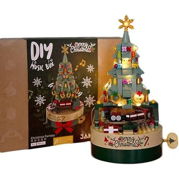 QYASETN DIY Christmas Tree Brick Music Box,Christmas Tree Music Box Bricks Model Set, DIY Building Block Assembly Mini Particle Construction Toy,Xmas Decoration Gift
