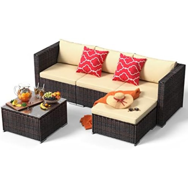 Qsun Outdoor Patio Furniture Set, 5 Pieces Outdoor Sectional Patio Set, PE Wicker Rattan Outdoor Patio Sofa with a Glass Coffee Table for Patio Porch Poolside Patio (Brown Rattan, Beige Cushion)