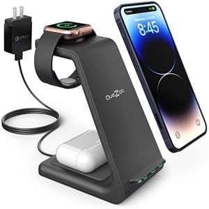 Quezqa Wireless Charging Stand - Fast Wireless Charger - 3 in 1 Charging Station for Apple AirPods Pro 3 2 Apple Watch Ultra 8 7 SE 6 5 4 iPhone 14 Pro Max 14 Plus 13 12 11 Pro Max with QC3.0 Adapter