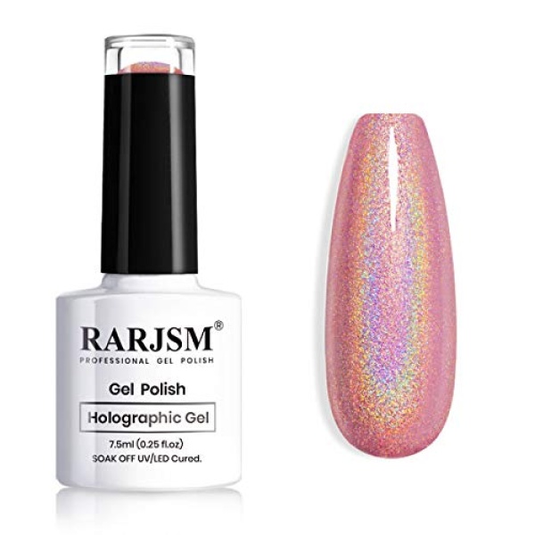 RARJSM Holographic Nail Polish with Mermaid Unicorn Effect Glitter Gel Polish RAR73 Suitable for Spring Summer,Rose Gold