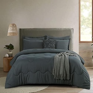RUIKASI Queen Bed Comforter Set with Sheets - 7 Pieces Dark Grey Queen Bedding Set with Comforter and Sheets, Bed in a Bag Queen Size Dark Grey, All Season Sheets and Comforter Set