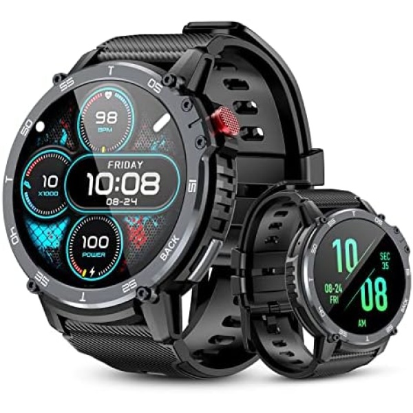 Rapocon Military Smart Watches for Men - 5ATM Waterproof Fitness Watch for Android iOS Phones，1.6" Large Screen Tactical Smartwatch，24 Sports Modes, Bluetooth Call(Answer/Dial Calls/BT5.0) Black