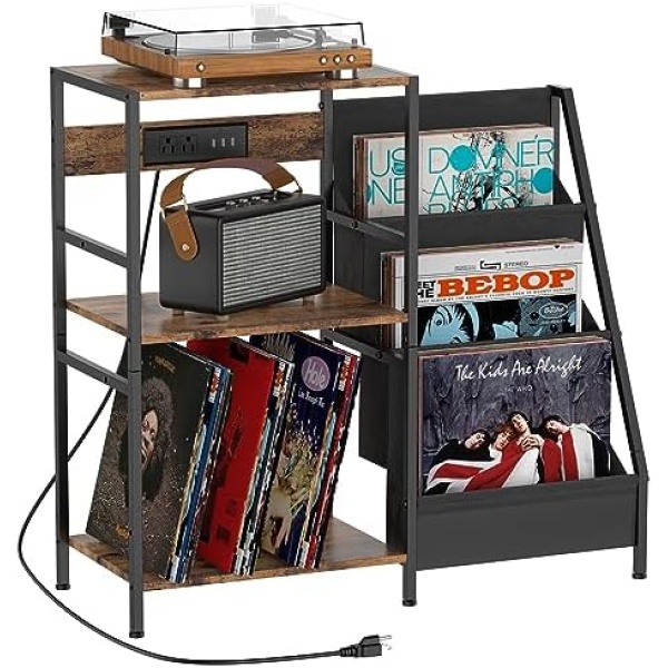 Record Player Stand Vinyl Record Storage Cabinet End Table with Charging Station 3 Tier Vinyl Record Stand with Storage Shelf Turntable Stand for Record, Vinyl Record Holder up to 200 Albums, Brown
