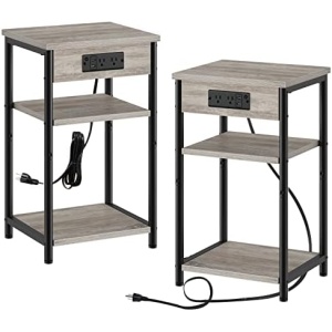 Rolanstar End Table with Charging Station, Set of 2 Small Nightstand with Storage Shelf, 3 Tier Slim Side Table with USB Ports & Outlets, Sofa Bedside Table for Bedroom, Living Room, Greige