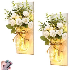 Rustic Wall Sconces Mason Jar Lights Handmade Wall Art Hanging Design with Remote Timer LED Fairy Lights and White Rose, Farmhouse Kitchen Decorations Wall Decor Living Room Sconces (Set of Two)