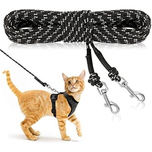 Rypet Reflective Cat Long Leash - 15 FT Escape Proof Walking Leads Yard Long Leash Durable Safe Personalized Extender Leash Traning Play Outdoor for Kitten, Puppy, Rabbit and Small Animals Black