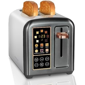 SEEDEEM Toaster 2 Slice, Stainless Steel Bread Toaster with LCD Display and Touch Buttons, 50% Faster Heating Speed, 6 Bread Selection, 7 Shade Settings, 1.5''Wide Slots Toaster with Cancel/Defrost/Reheat Functions, Removable Crumb Tray, 1350W, Dark Metallic