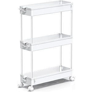 SPACEKEEPER Slim Rolling Storage Cart, Laundry Room Organization, 3 Tier Mobile Shelving Unit Bathroom Organizer Utility Cart for Kitchen, Narrow Places(White)
