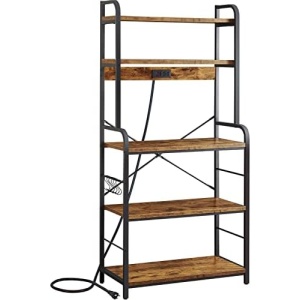 SUPERJARE Bakers Rack with Power Outlets, 65"H Coffee Bar, 5-Tier Microwave Stand with Storage, Coffee Station, Kitchen Rack with 6 S-Hooks, Kitchen Shelf Rack for Spices, Pots and Pans - Rustic Brown