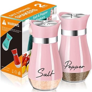 Salt and Pepper Shakers Set,4 oz Glass Bottom Salt Pepper Shaker with Stainless Steel Lid for Kitchen Cooking Table, RV, Camp,BBQ Refillable Design (Pink)