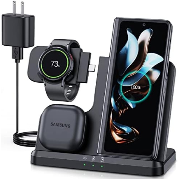 Samsung Wireless Charger, Metmoon 3 in 1 Samsung Charging Station for Galaxy S23 S22 S21 Ultra FE/Note 20 10/Z Flip Fold 5 Series, Galaxy Watch 6/5 Pro/5/4/3/Active 2/1, Buds+/Pro/Live(with Adapter)