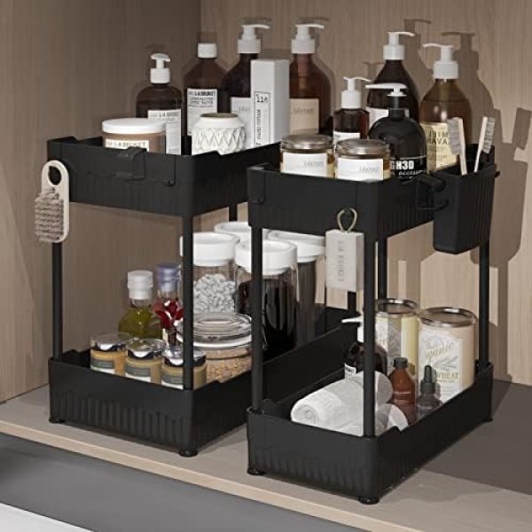 Sevenblue 2 Pack Under Sink Organizer, Under Bathroom Cabinet Organizer with Hooks Hanging Cup,Multi-Purpose Storage Shelf for Kitchen Bathroom,Black