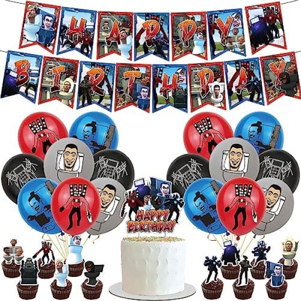Skibidi Toilet Birthday Party Decorates ,Birthday Banner Cake Toppers And Balloons,Skibidi Toilet Themed Party Decorations